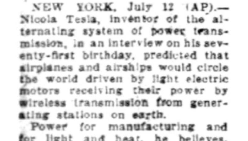 Preview of Tesla Predicts Wireless Power Will Run World article