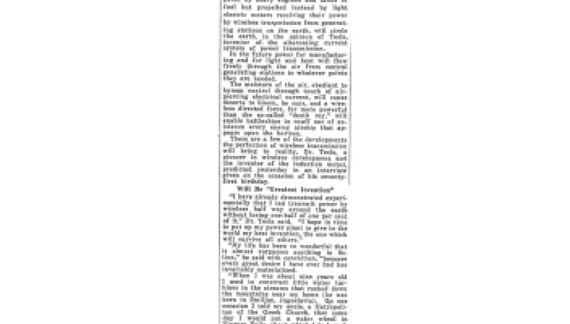 Preview of Tesla Predicts Fuelless Plan Without Engine article