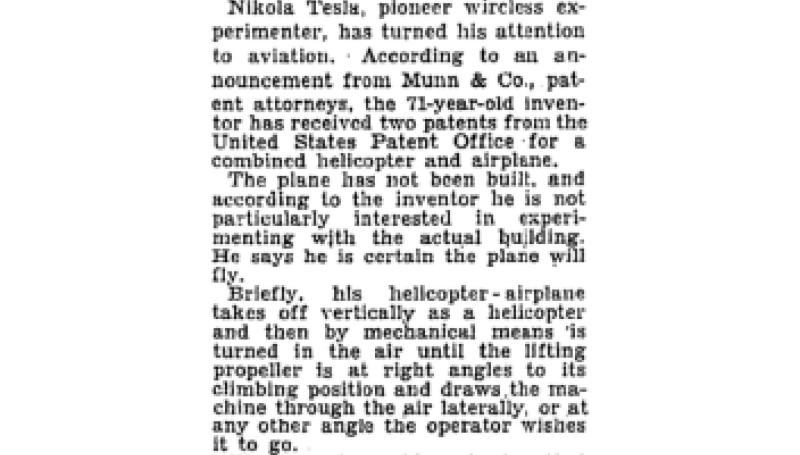 Preview of Tesla Gets Patent on Helicopter-Plane article