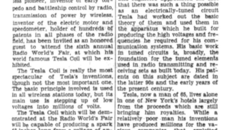 Preview of Once Famous Radio Pioneer, Nikola Tesla, Long Forgotten, Now Brought Into Limelight article