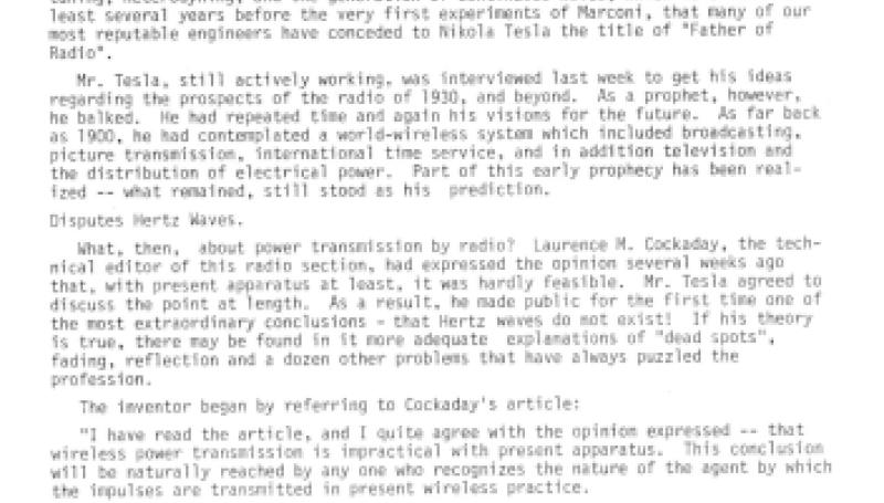 Preview of Nikola Tesla Tells of New Radio Theories article