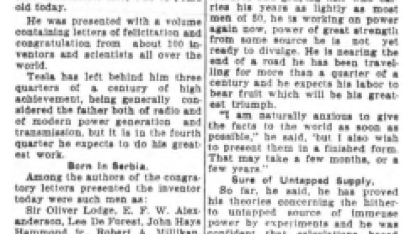 Preview of Nikola Tesla, 75 Today, Working on Mysterious Source For Electricity article