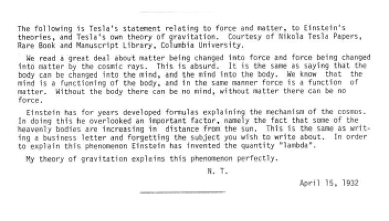 Preview of Tesla's Statement Relating to Force and Matter article