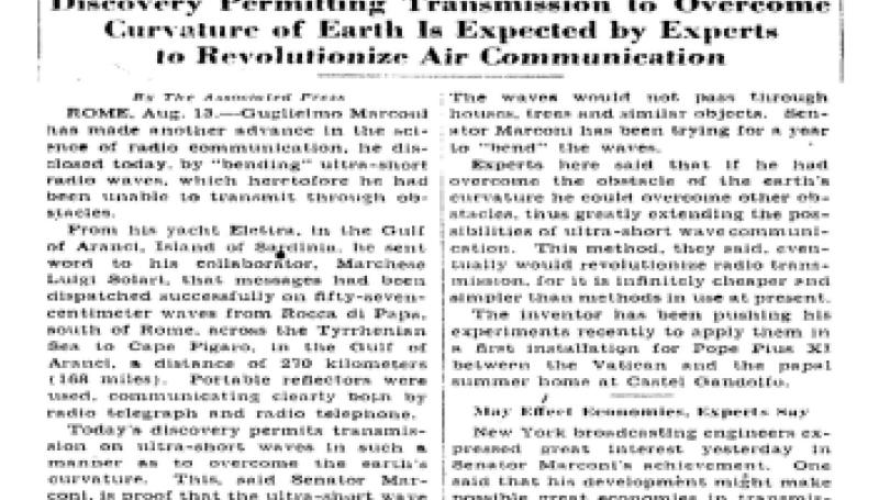 Preview of Ultra-Short Radio Waves Bent By Marconi in Test for Vatican article