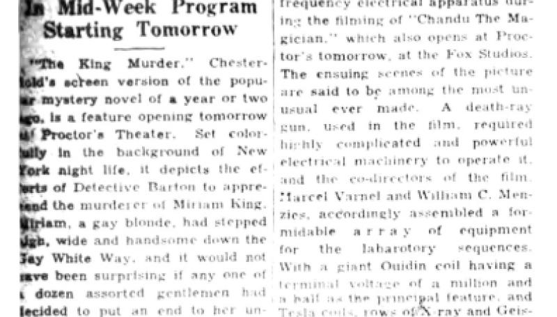 Preview of 'The King Murder,' 'Chandu The Magician,' R-K-O Bill article