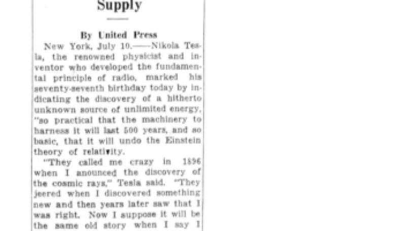 Preview of Nikola Tesla Reveals New Store of Energy article