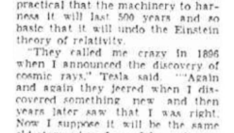 Preview of Tesla, 77, Discovers New Power Source article