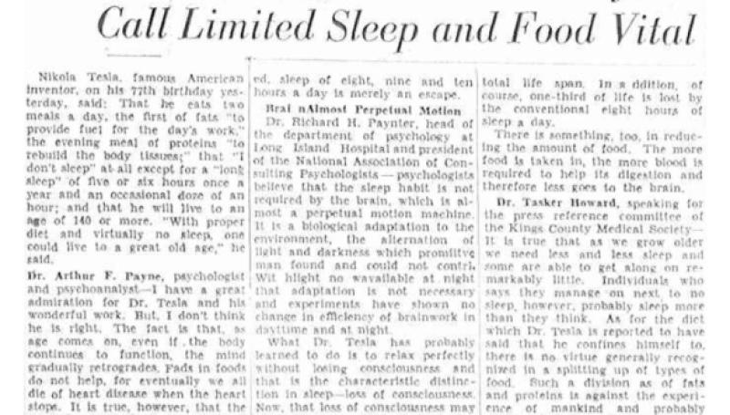 Preview of Medical Men Dispute Tesla Theory; Call Limited Sleep and Food Vital article