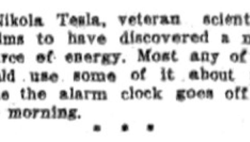 Preview of Nikola Tesla Claims Discovery of New Energy Source article