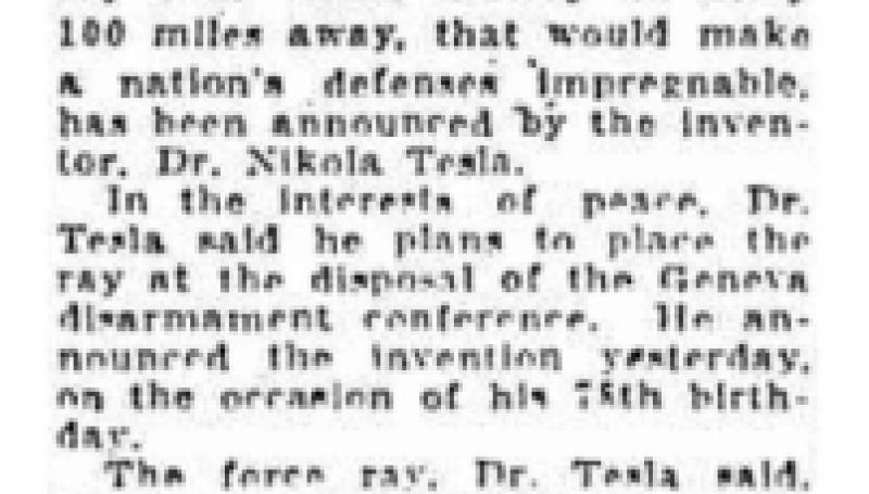 Preview of Dr. Tesla Finds Ray to Kill Army at 100-Mile Distance article
