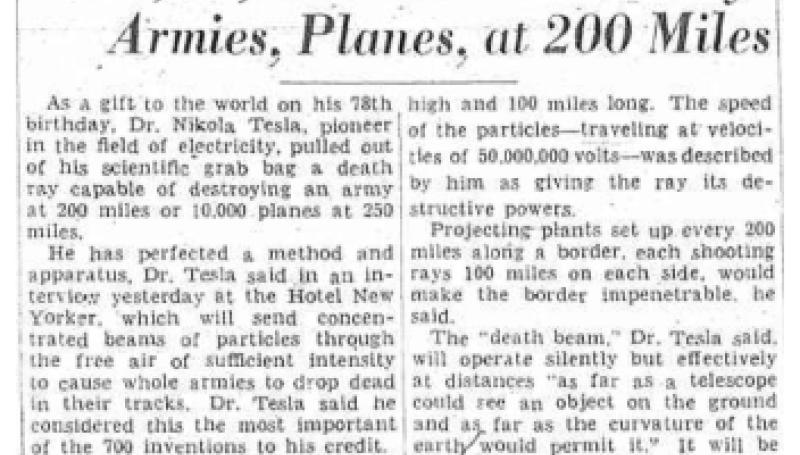 Preview of Tesla, 78, Has Beam to Destroy Armies, Planes, at 200 Miles article