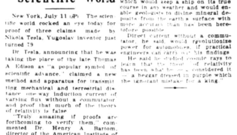 Preview of Nikola Tesla Offers Three Claims for the Scientific World article