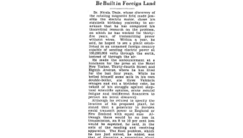 Preview of Nikola Tesla Prepares To Send Power Without Wires article