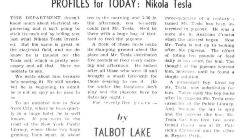 Preview of Profiles for Today: Nikola Tesla article
