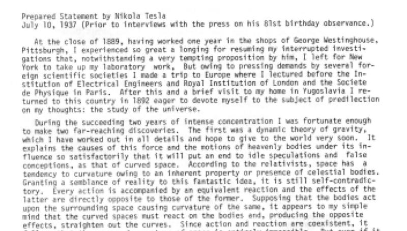 Preview of Prepared Statement by Nikola Tesla article