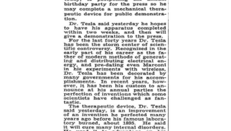 Preview of Dr. Tesla, 82 Today, Postpones Party article
