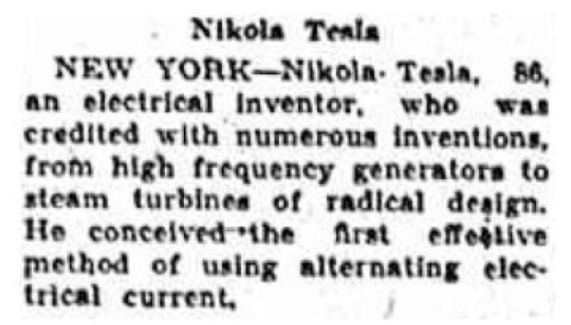 Preview of Deaths Last Night - Nikola Tesla (reprint) article