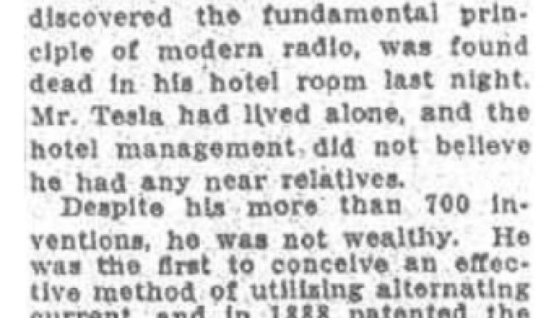 Preview of Nikola Tesla, Genius of Electricity, Dies at 86 article