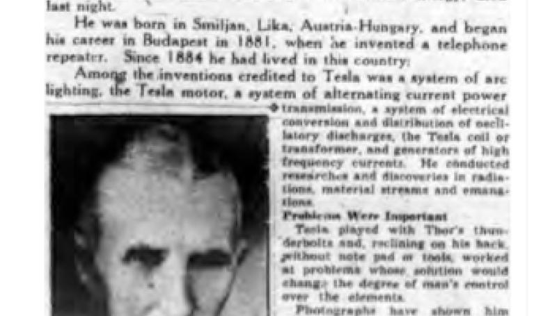 Preview of Nikola Tesla, Outstanding Electrical Inventor, Dies article