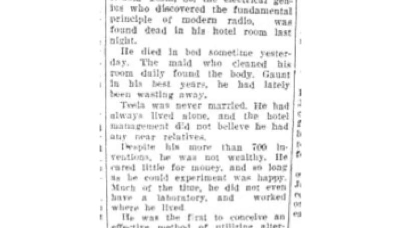 Preview of Tesla, Electrical Genius, Dead article