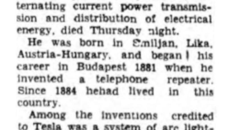 Preview of Nikola Tesla, Inventor, Dies (Lockport Union) article