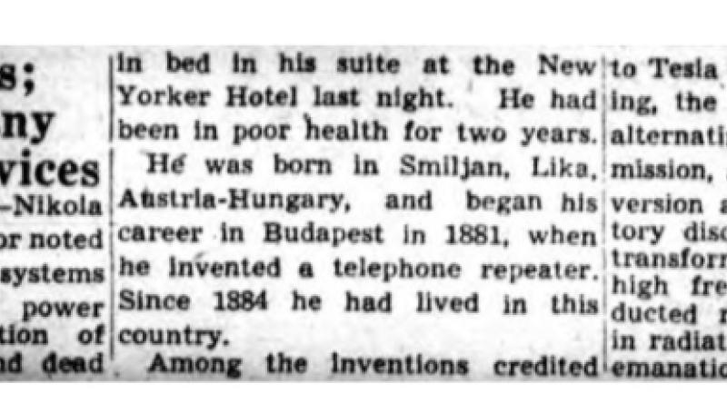 Preview of Nikola Tesla Dies; Inventor of Many Electrical Devices article