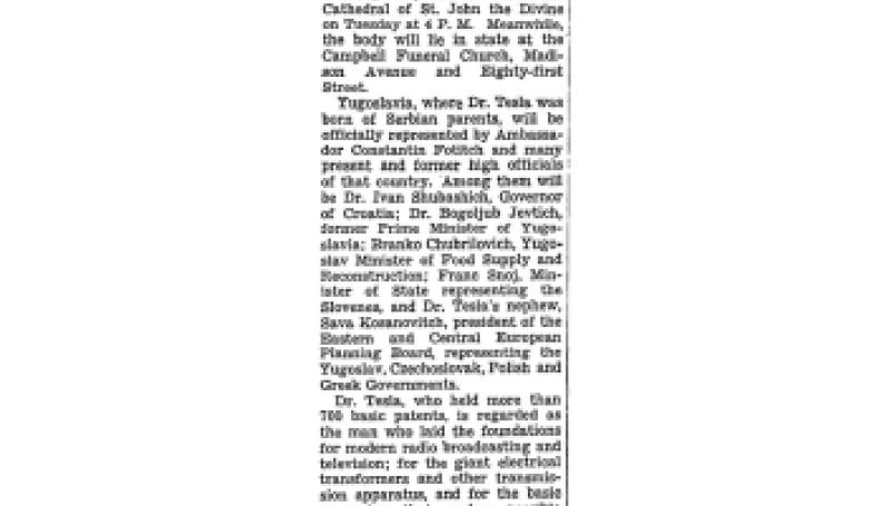 Preview of Nikola Tesla Rites To Be Held Tuesday article