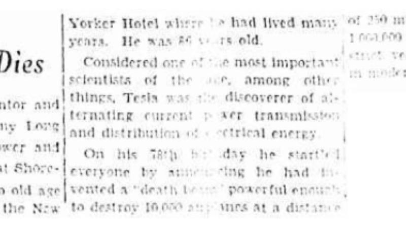 Preview of Tesla, Builder of Shoreham Tower, Dies article