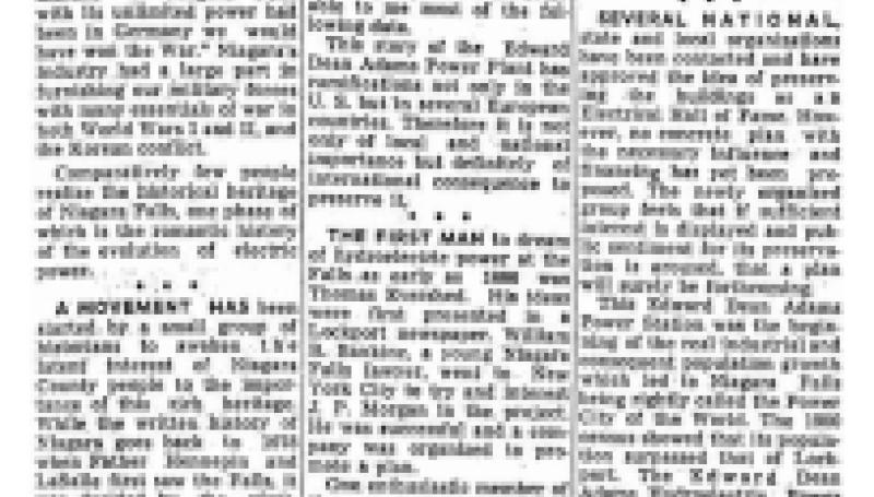 Preview of Niagara History - Saving of Adams Power Plant As 'Hall of Fame' is Urged article