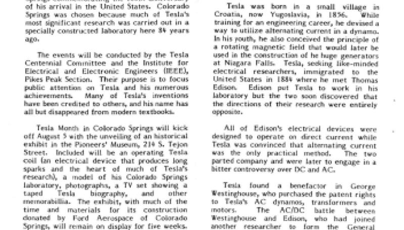 Preview of Nikola Tesla Centennial Celebration To Be Held in Colorado Springs article