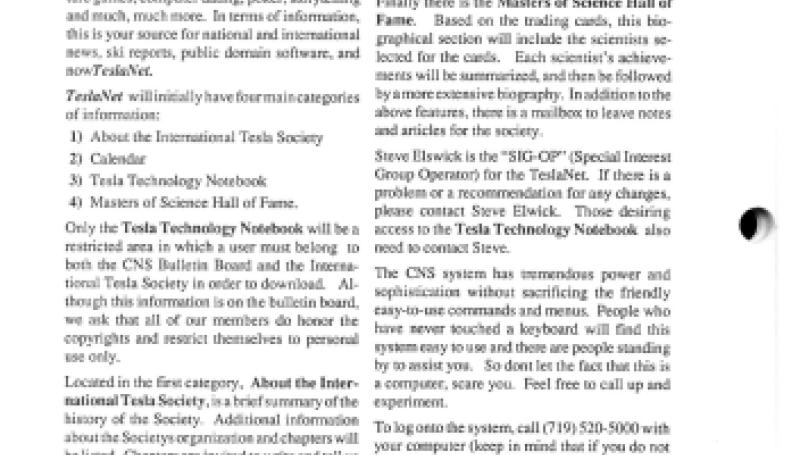 Preview of CNS Hosts TeslaNet - the Society's Bulletin Board article