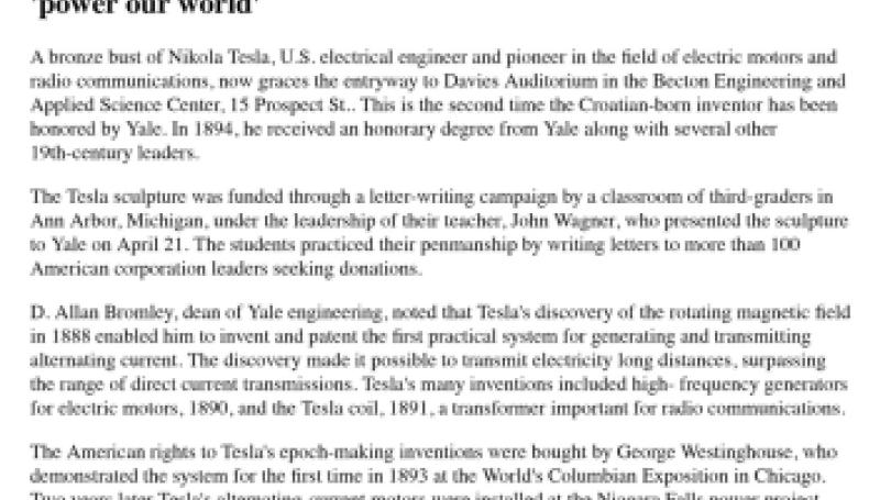 Preview of Efforts of Schoolchildren Bring Honor to Inventor Who Helped ‘Power Our World' article