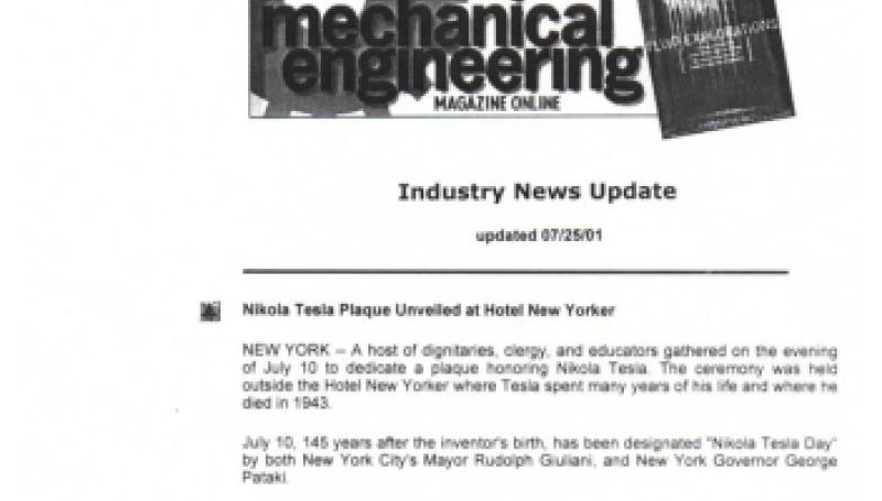 Preview of Nikola Tesla Plaque Unveiled at Hotel New Yorker article