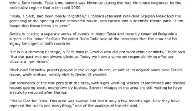 Preview of Croats, Serbs Unite to Hail Tesla's Genius article