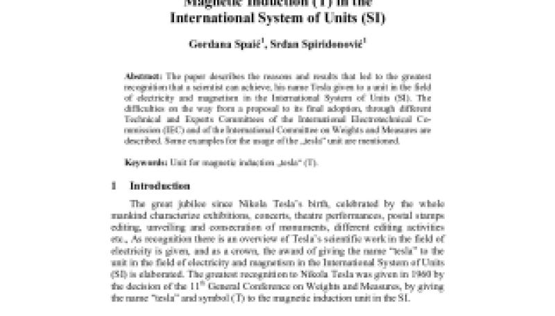 Preview of The Greatest Recognition to the Scientist Nikola Tesla - Award of the Unit for Magnetic Induction (T) in the International System of Units (SI) article