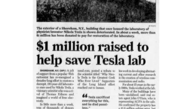 Preview of $1 Million Raised to Help Save Tesla Lab article