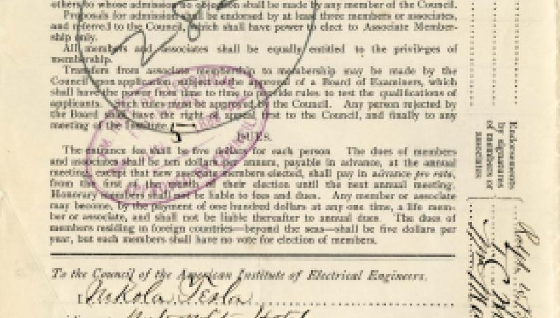 Nikola Tesla AIEE Application for Admission