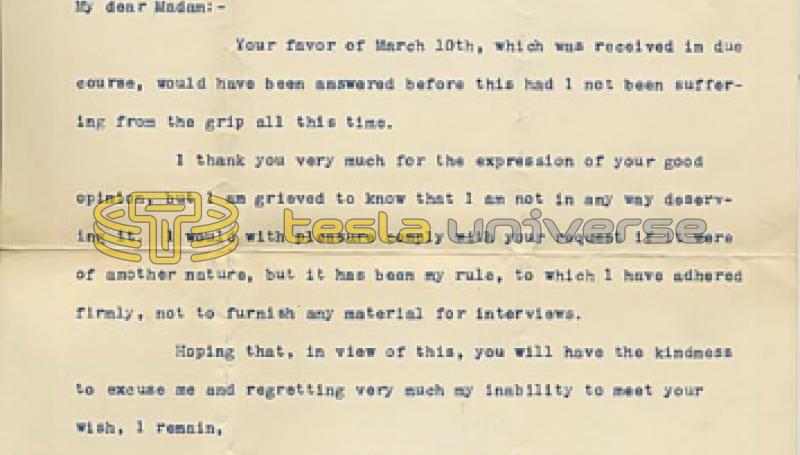 March 28, 1898 letter from Nikola Tesla to McCoullough Williams
