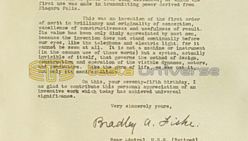 July 10th, 1931 letter from Bradley A. Fiske to Nikola Tesla