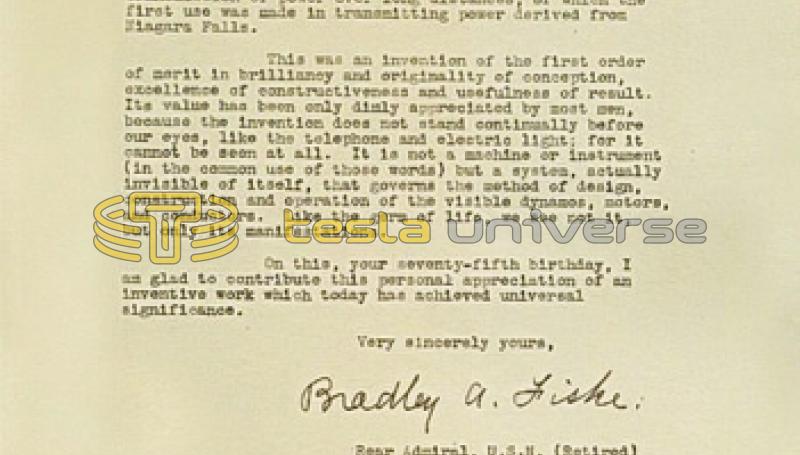 July 10th, 1931 letter from Bradley A. Fiske to Nikola Tesla