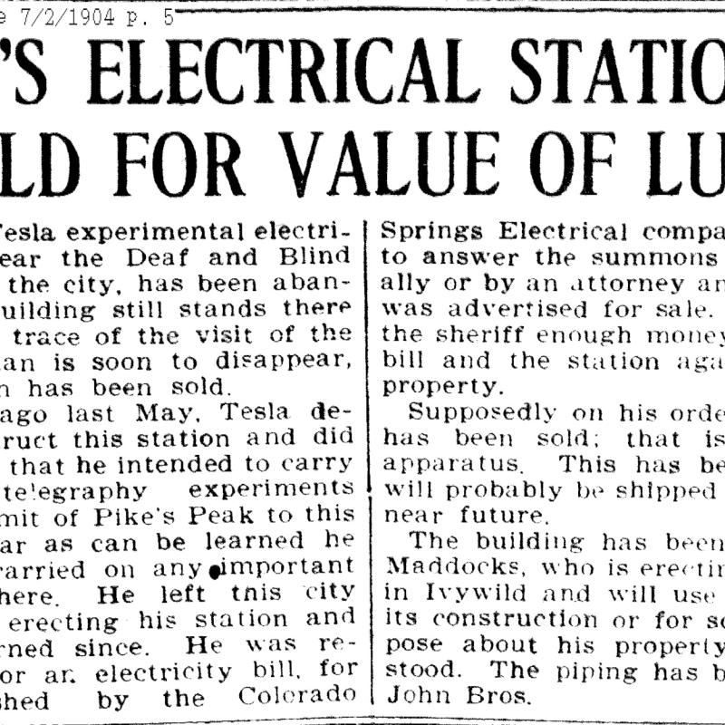 The Colorado Springs Gazette announces the sale of Tesla's Colorado Springs Experimental Station