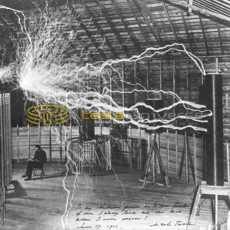 Nikola Tesla seated inside his Colorado Springs oscillator
