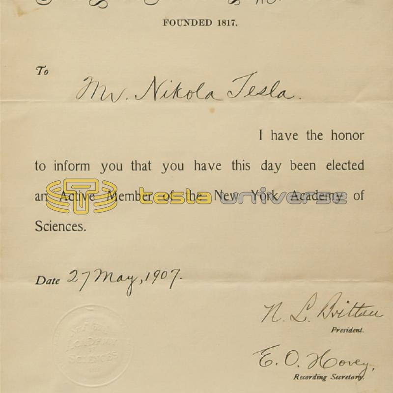 Tesla's certificate of membership for the New York Academy of Sciences