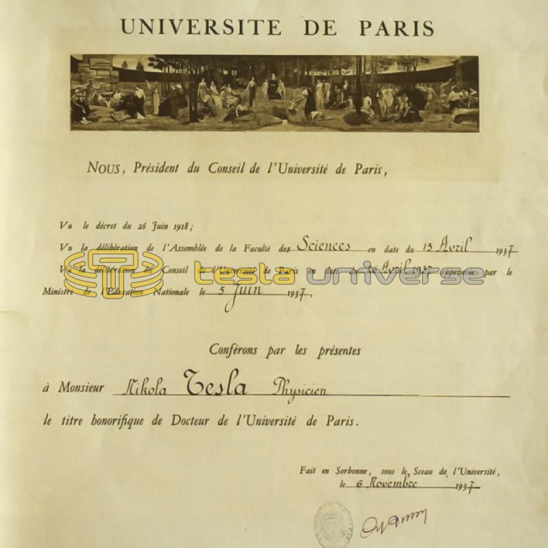 Certificate of Dr. Honoris Causa awarded to Tesla from the University of Paris