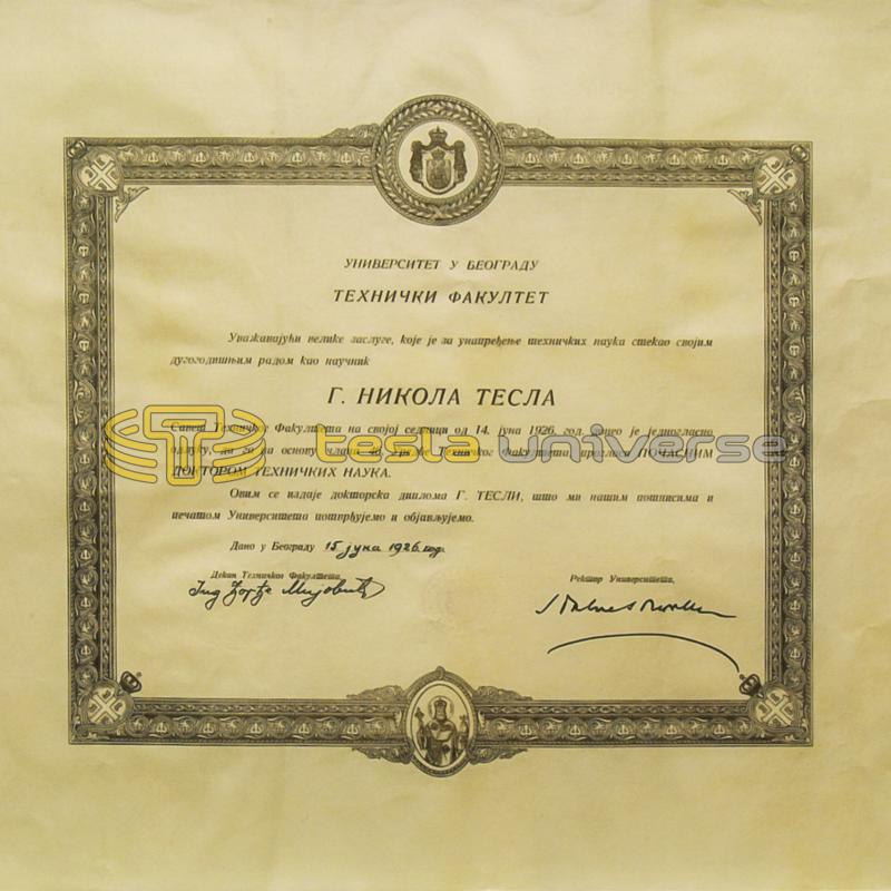Certificate of honorary doctorate awarded to Tesla from the University of Belgrade