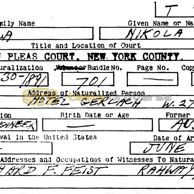 The naturalization record of Nikola Tesla