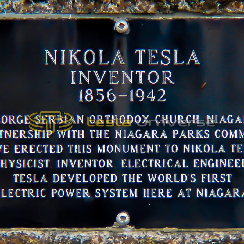 The plaque on the base of the Queen Victoria Park Tesla statue
