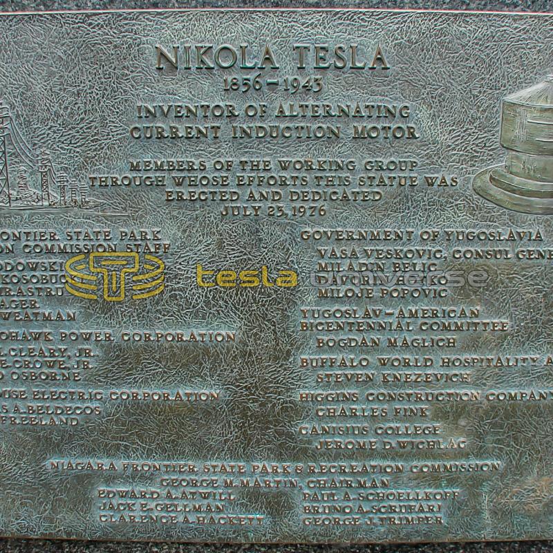 The plaque on the base of the Tesla monument on Goat Island