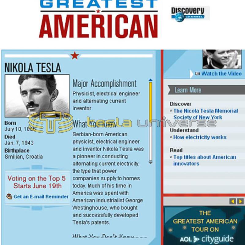 Discovery Channel's "The Greatest American" show ranked Tesla #97