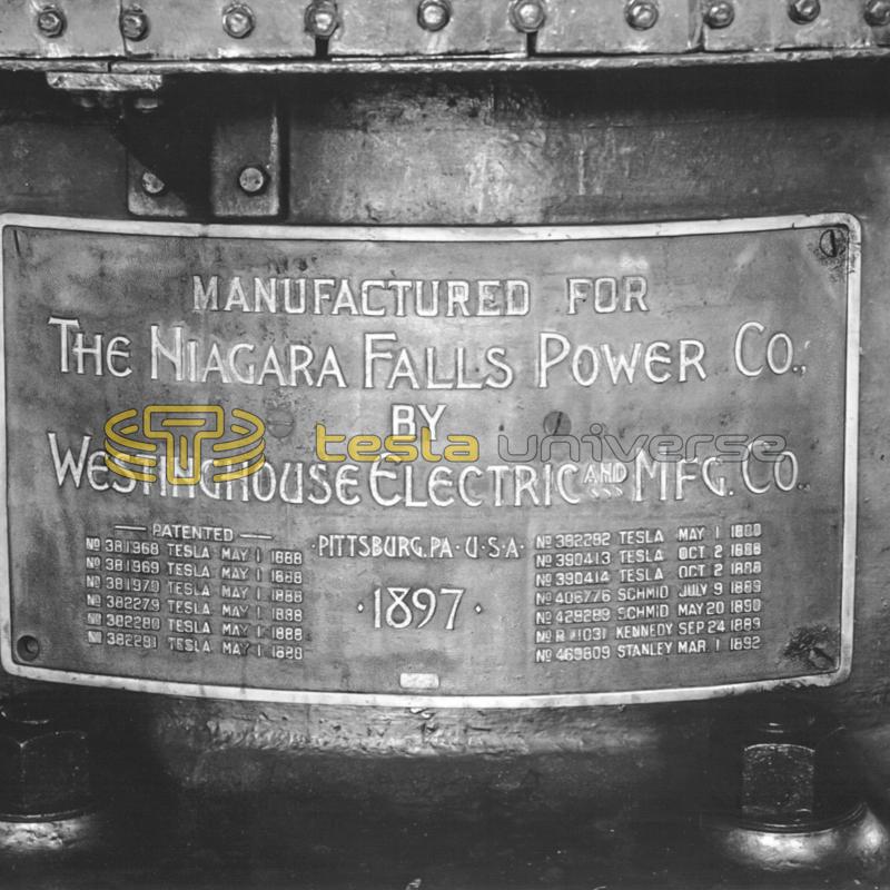The plaque on each Niagara generator displaying Tesla's patents